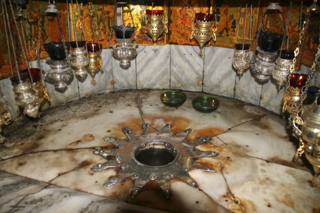 Silver star set into the marble floor in the Grotto of the Nativity in the Church of the Nativity